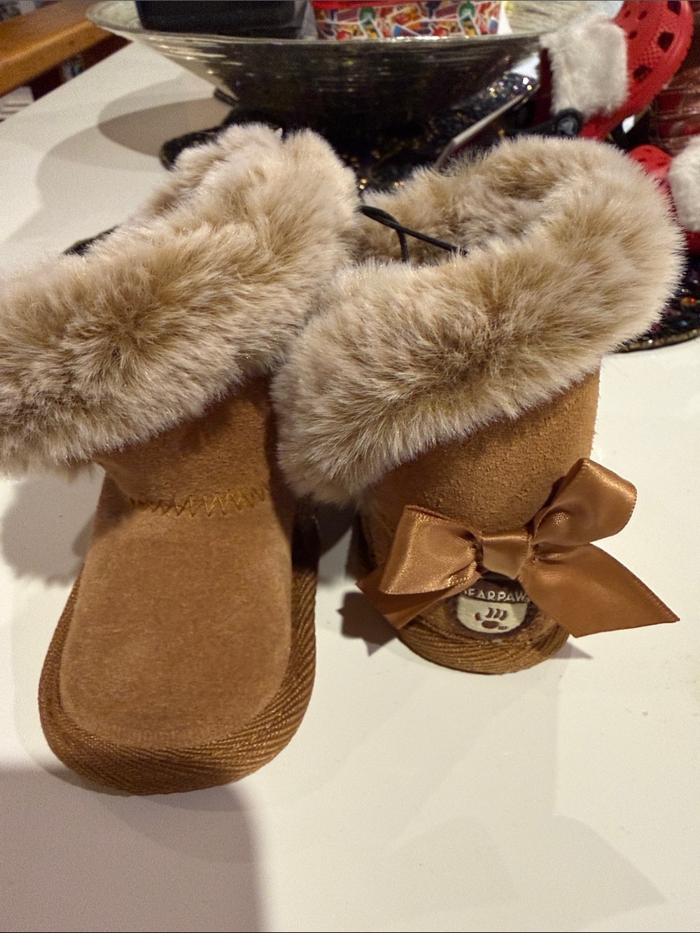 BearPaw Kids Tan Faux Suede Booties with Fur Cuff and Bow